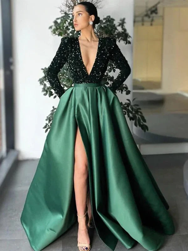 Sparkly V-neck Emerald Green Long Sleeves Side-slit A-line Prom Dress, PD3301