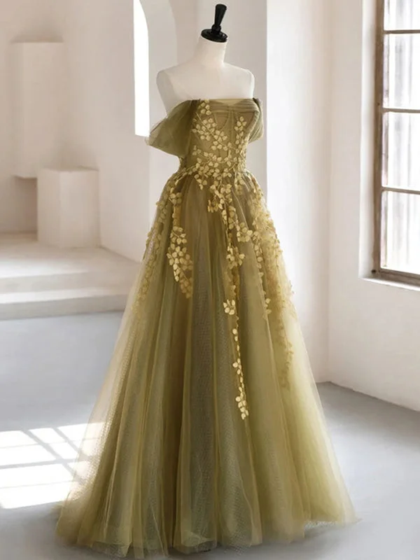 Elegant Off-shoulder Olive Green With Yellow Lace A-line Long Prom Dress, PD3425