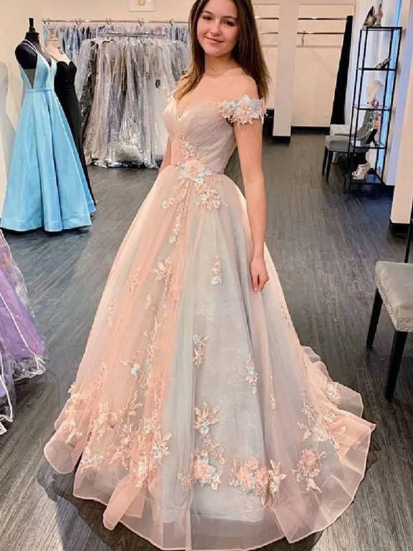 Elegant Pink Blue Off-shoulder Floral A-line Long Prom Dress, PD3201