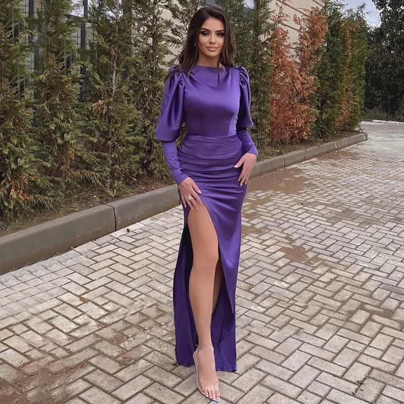 Elegant Purple Long Sleeves Mermaid Side-slit Long Prom Dress, PD3335