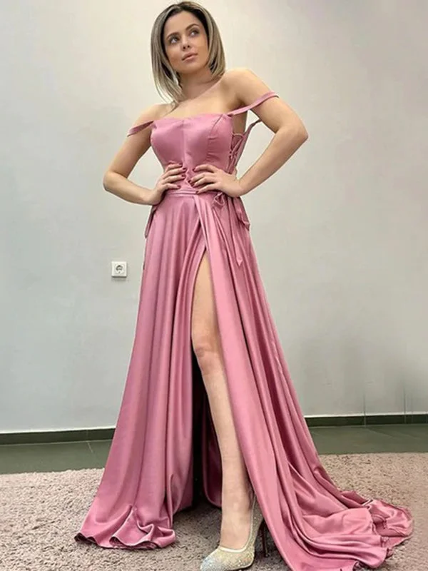 Elegant Sexy Off-shoulder Spaghetti Straps Side-slit A-line Long Prom Dress, PD3510