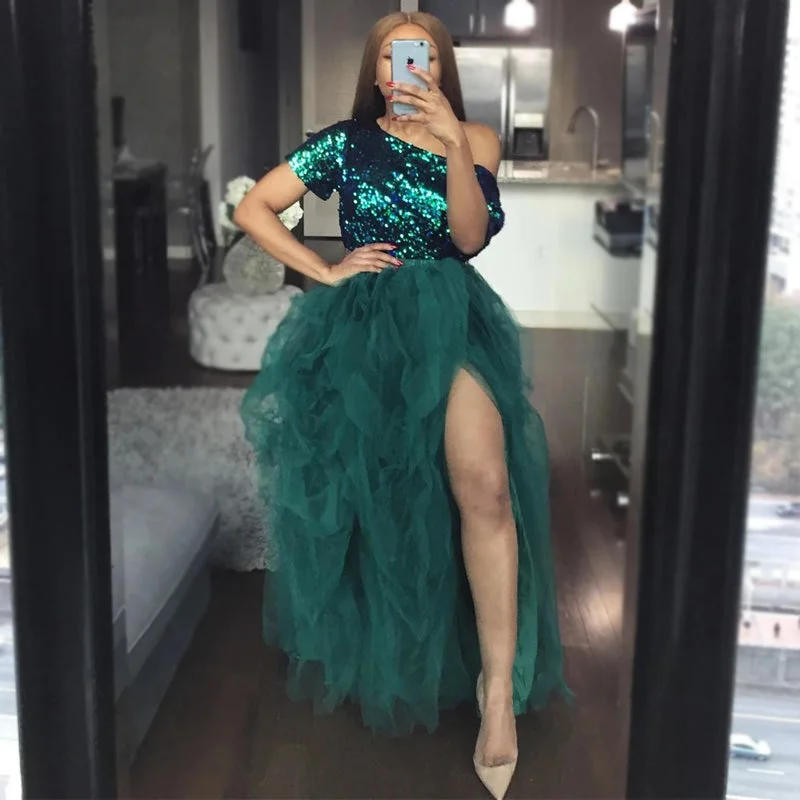 Green Sparkly Top One-shoulder Side-slit Tulle Long Prom Dress, PD3350