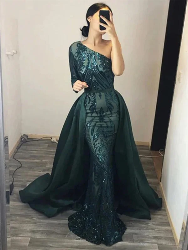 Dark Green One-shoulder Sparkly Lace Mermaid Long Detachable Prom Dress, PD3337