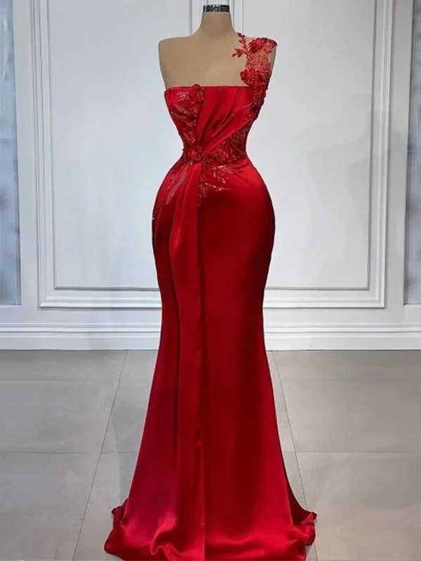 Modest Luxury Scarlett Red One-shoulder Appliques Mermaid Long Prom Dress, PD3521