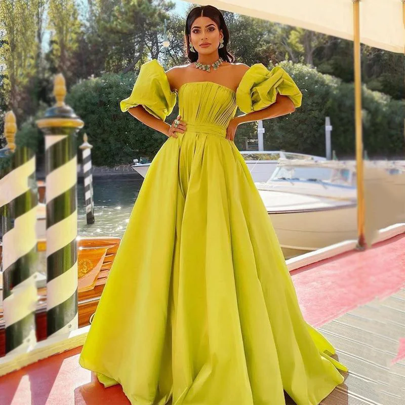 Mustard Green Strapless Pleats A-line With Sleeves Long Prom Dress Gown, PD3341