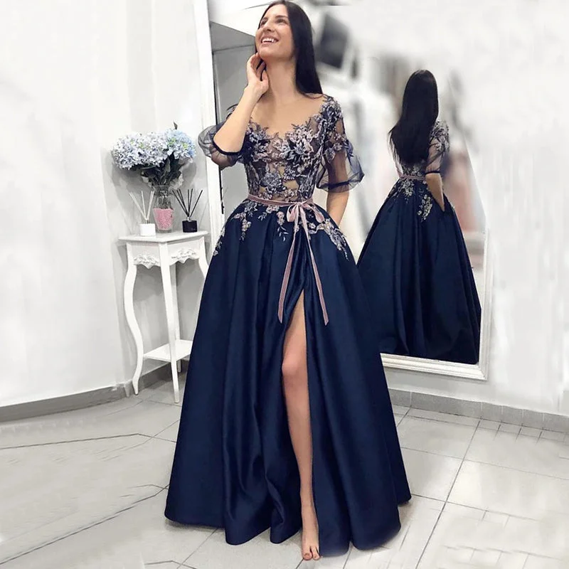 Navy Blue Elegant Illusion Lace Top Half-sleeves A-line Side-slit Long Prom Dress, PD3310