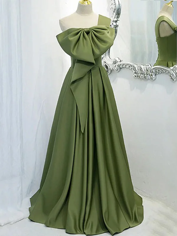 One-shoulder Sage Green Bow Tie A-line Long Prom Dress, Gown, PD3322