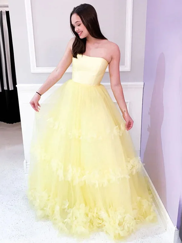 Pale Yellow Straight Across A-line With Flower Tulle Prom Dress, PD3426