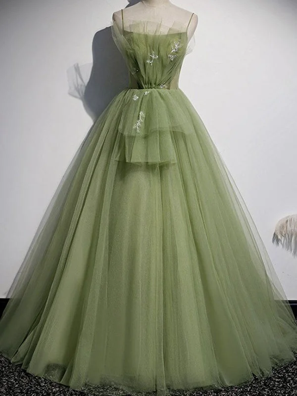 Sage Olive Green Spaghetti Strap Tulle Dream A-line Long Prom Dress, PD3116