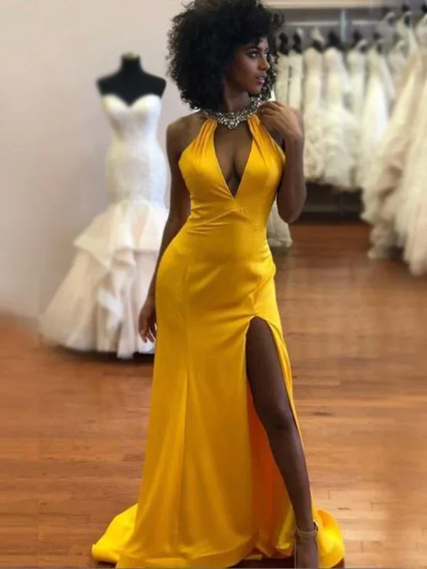 Sexy Gold Yellow Halter Hollow V-neck Side-slit Mermaid Long Prom Dress, PD3445