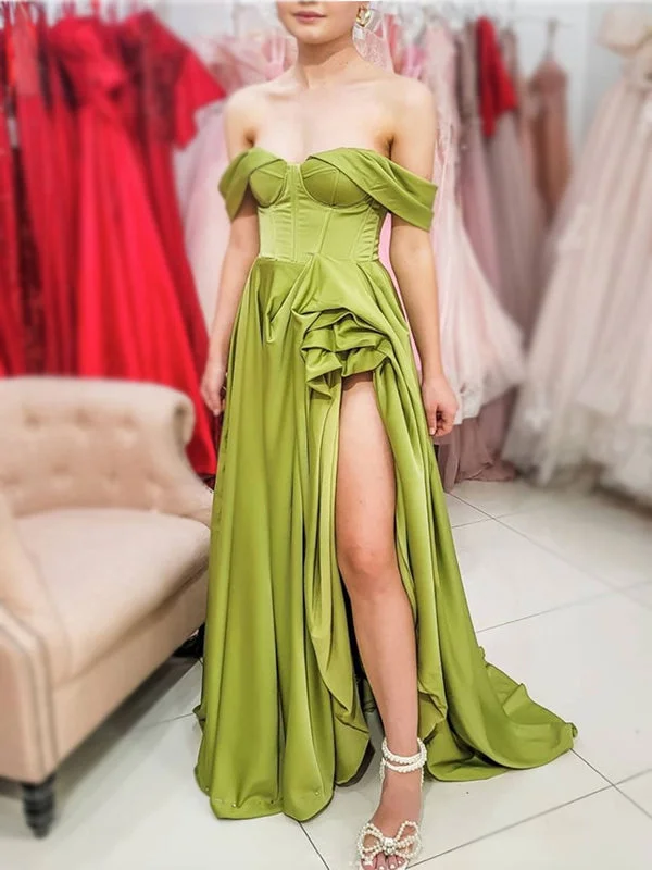 Sexy Lime Green Off-shoulder Sweetheart Ruffle Side-slit A-line Long Prom Dress, PD3397