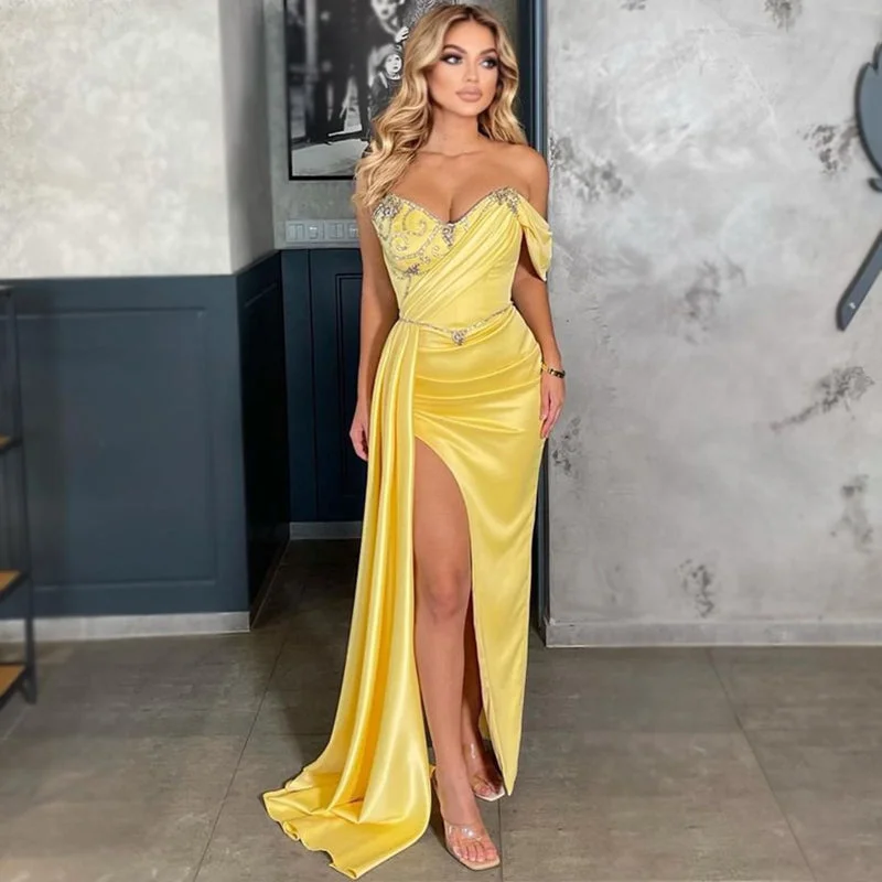 Sexy Off-shoulder Yellow Side-slit Mermaid Long Prom Dress, PD3384