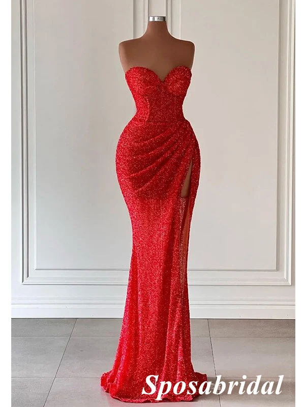 Sexy Red Sweetheart Sleeveless Side Slit Mermaid Long Prom Dresses, PD3907