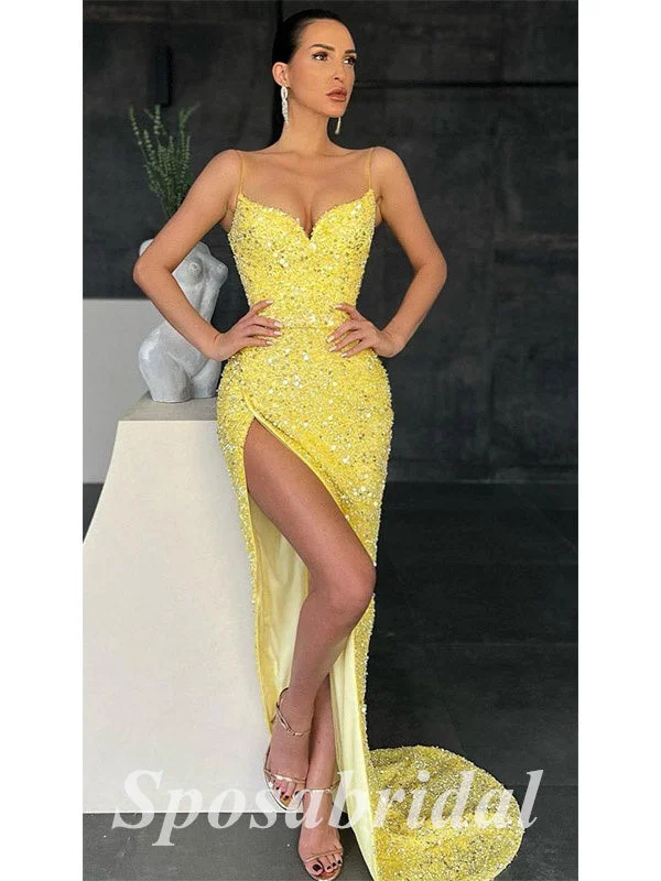 Sexy Yellow Sequin Spaghetti Straps V-Neck Sleeveless Side Slit Mermaid Long Prom Dresses,PD3645