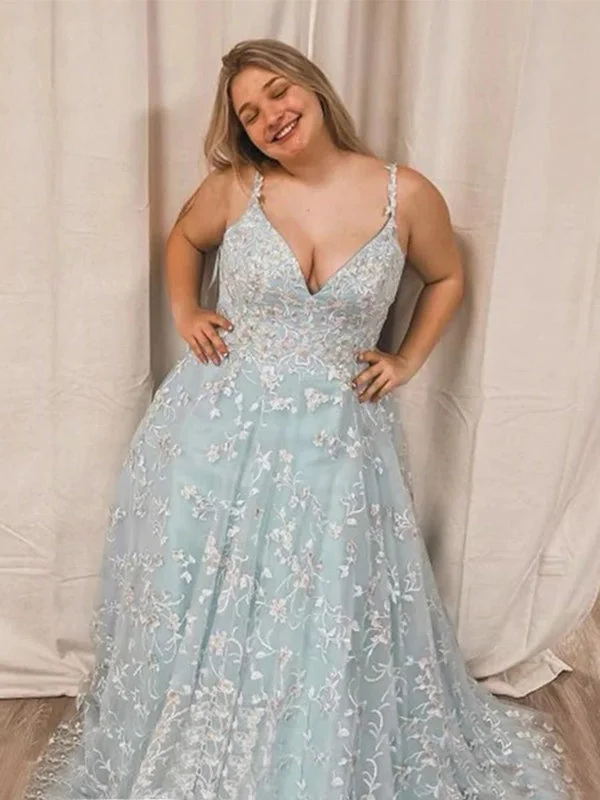 Spaghetti Straps Pale Blue V-neck Lace A-line Long Prom Dress Plus Size, PD3344