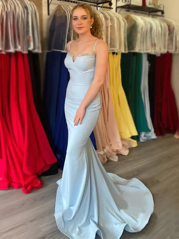 Spaghetti Straps Sexy Blue Hollow Back Mermaid Long Prom Dress, PD3485