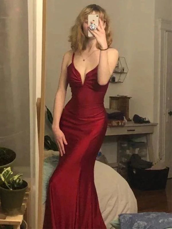 Spaghetti Straps Sexy V-neck Mermaid Open Back Burgundy Long Prom Dress, PD3524