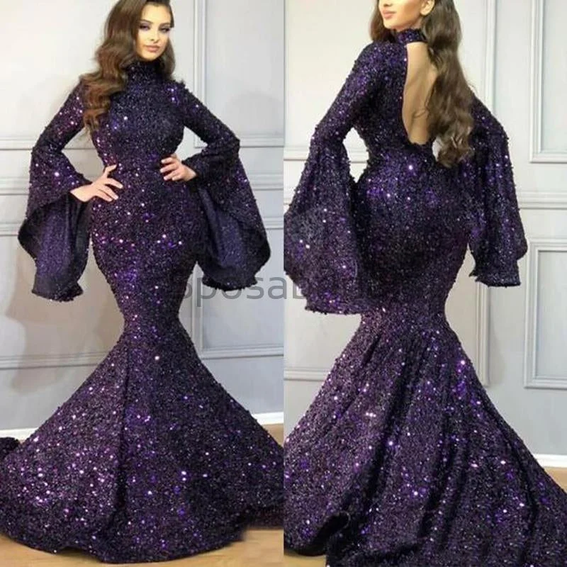 Sparkly Sequin Mermaid Long Sleeves High Neck Formal Cheap Modest Long Prom Dresses PD1666