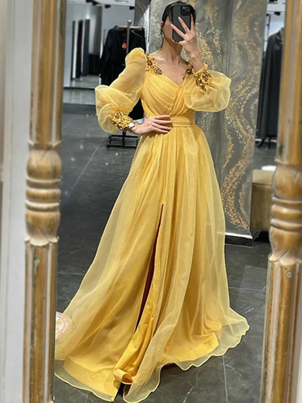 Yellow Long Sleeves Luxury Appliques A-line Side-slit Organza Long Prom Dress, PD3496