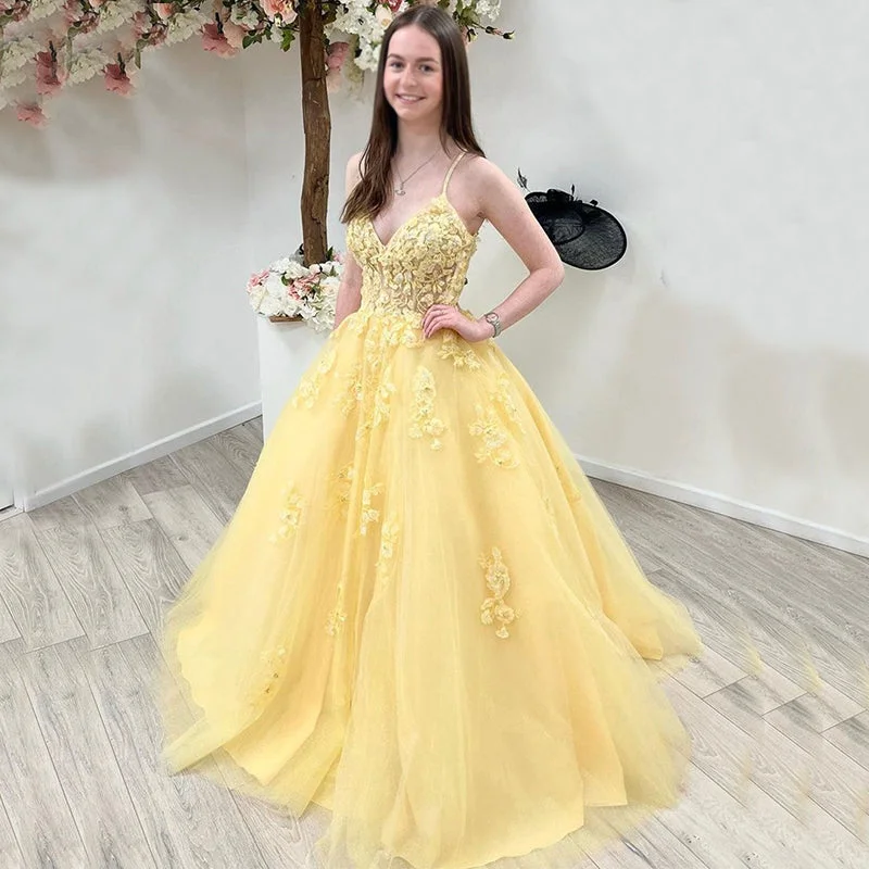 Yellow Spaghetti Straps V-neck Lace Top A-line Long Prom Dress, PD3424